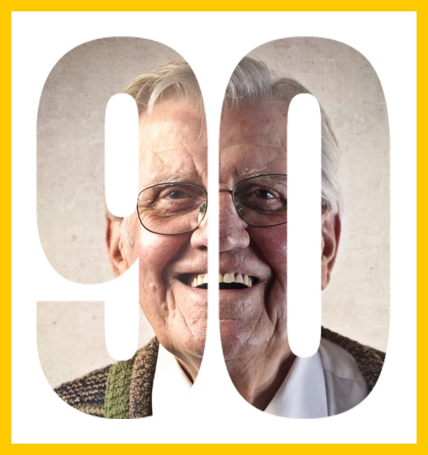 Einladungskarte zum 90. Geburtstag oder Jubiläum mit ausgeschnittener Zahl 90 für ein eigenes Foto. Gelb.