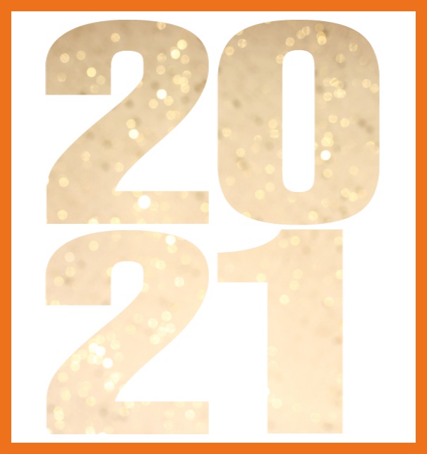 Neujahr Grusskarte mit ausgeschnittener 2021 für eigenes Foto in großem Online Format Orange.