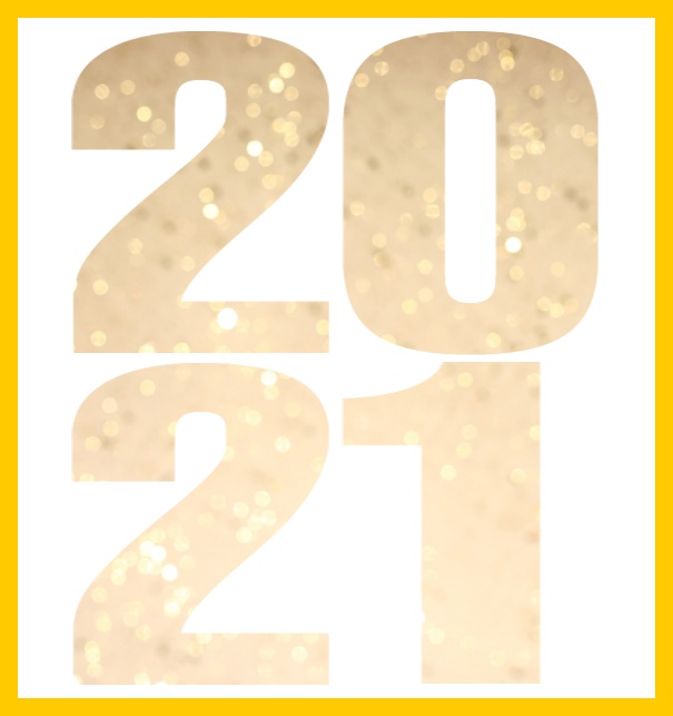 Neujahr Grusskarte mit ausgeschnittener 2021 für eigenes Foto in großem Online Format Gelb.