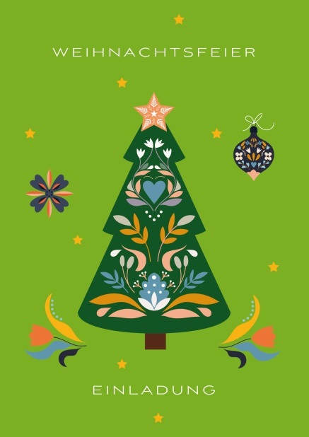 Online Weihnachtsfeier Einladungskarte mit grünem geschmückten Weihnachtsbaum