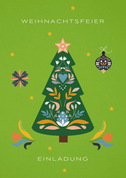 Weihnachtsfeier Einladungskarte mit grünem geschmückten Weihnachtsbaum