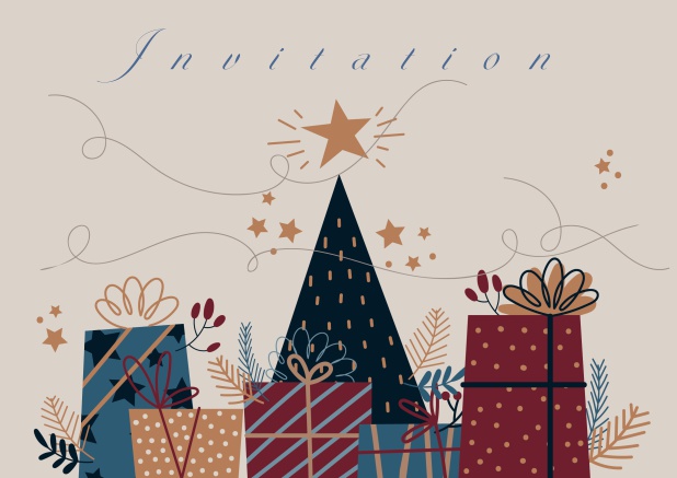 Online Holiday party invitation card with many Christmas presents and stars.