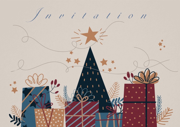 Holiday party invitation card with many Christmas presents and stars.