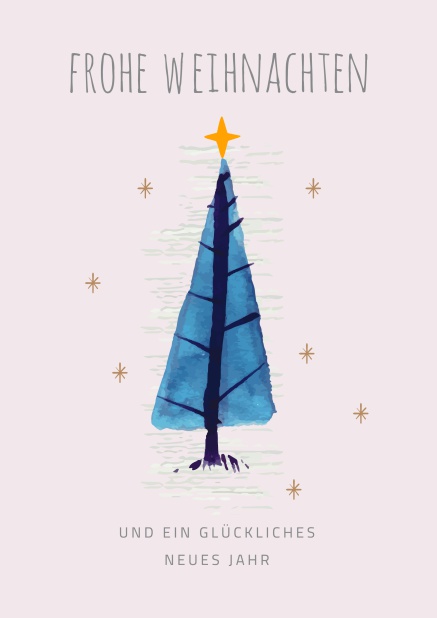 Online Weihnachtskarte mit illustriertem blauen Weihnachtsbaum mit goldenem Stern.