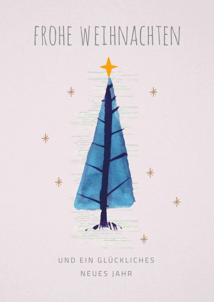 Weihnachtskarte mit illustriertem blauen Weihnachtsbaum mit goldenem Stern.