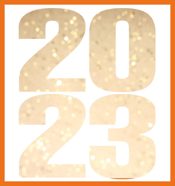 Online Einladungskarte mit ausgeschnittener 2023 für Ihr eigenes Foto. Orange.