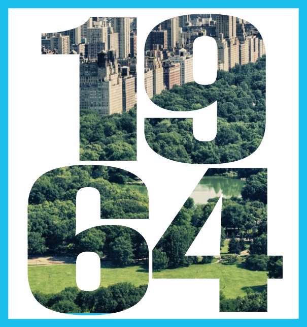 Einladungskarte in Hochkant mit ausgeschnittener 1964 für ein eigenes Image. Blau.