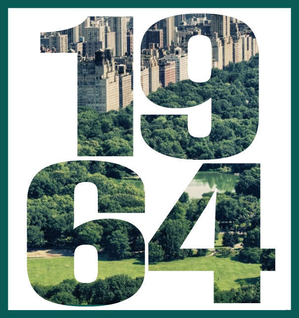 Einladungskarte in Hochkant mit ausgeschnittener 1964 für ein eigenes Image. Grün.