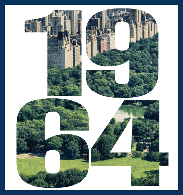 Einladungskarte in Hochkant mit ausgeschnittener 1964 für ein eigenes Image. Marine.