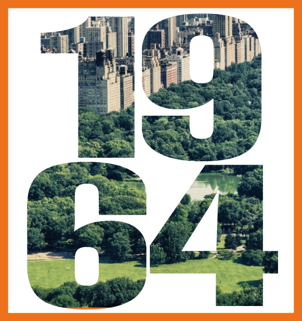 Einladungskarte in Hochkant mit ausgeschnittener 1964 für ein eigenes Image. Orange.