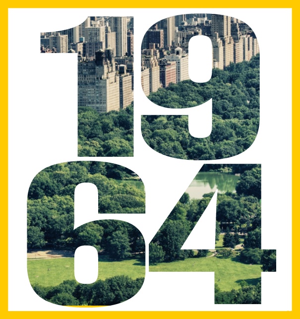 Einladungskarte in Hochkant mit ausgeschnittener 1964 für ein eigenes Image. Gelb.