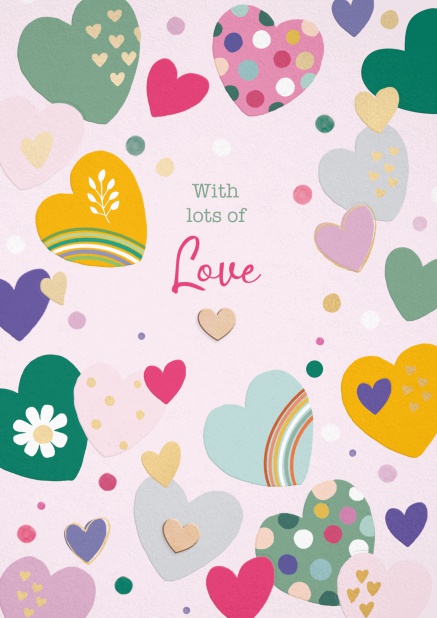 Greeting card with flower hearts and with lots of love text