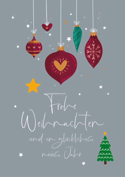 Graue Online Weihnachtskarte mit schönem, roten Weihnachtsschmuck