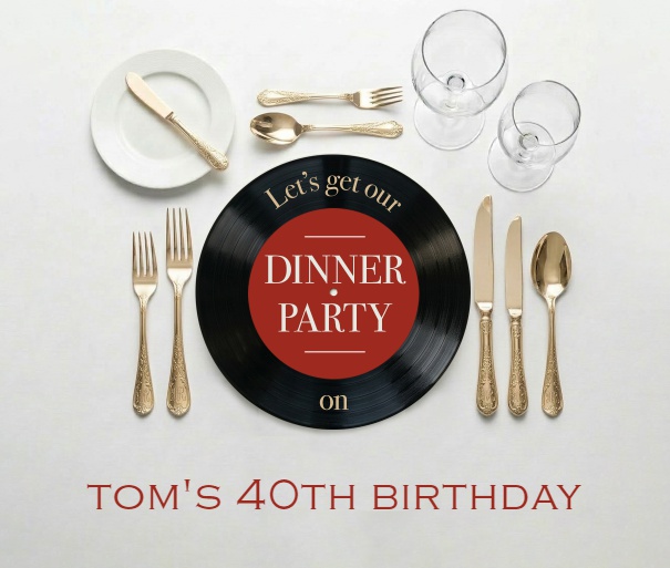 Online Invitation card in standard format with place setting with a music record as plate.