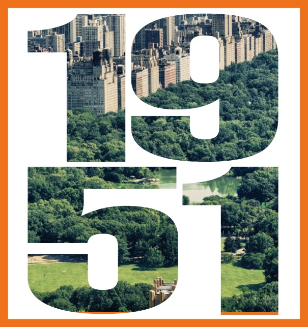 Einladungskarte mit ausgeschnittener 1951 für ein eigenes Foto Orange.