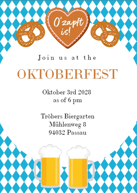 Oktoberfest online invitation card in Bavarian colors with beer, pretzels and hearts