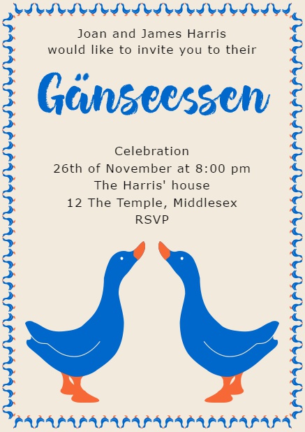 Online invitation with Gänseessen and two blue geese Beige.