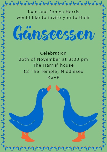Online invitation with Gänseessen and two blue geese Green.