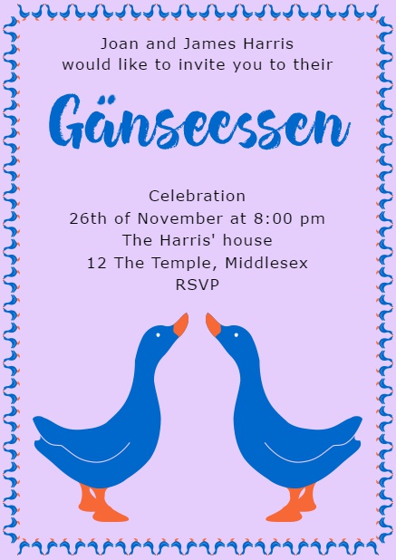 Online invitation with Gänseessen and two blue geese Purple.