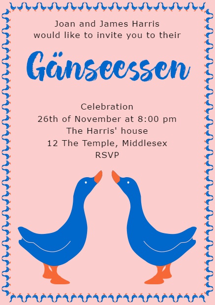 Online invitation with Gänseessen and two blue geese Red.