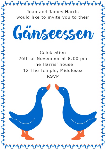 Online invitation with Gänseessen and two blue geese White.