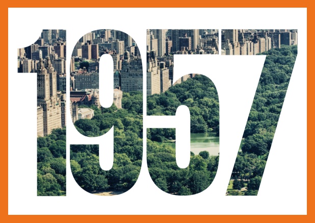 Online Invitation card with cut out 1957 for own image or photo Orange.