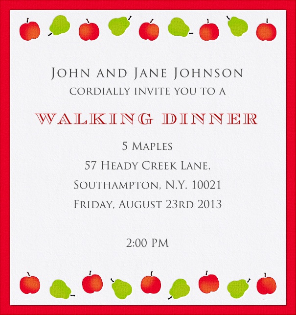 High Format Dinner Invitation Card Customizable with Red Border and Apples and Pears.