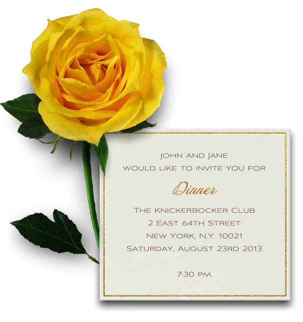 Quadrate Einladungskarte in weiss mit goldenem Rahmen und digitaler Version einer echten grossen gelben Rose an der linken oberen Seite.