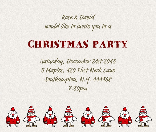 White Christmas square format invitation card with little Santa Clauses in bottom part of card. Including designed text in black and red to match the card.