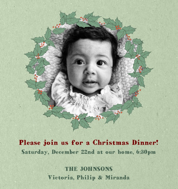 Christmas Themed Invitation Card with green wreath and photo upload option including designed and customizable text.
