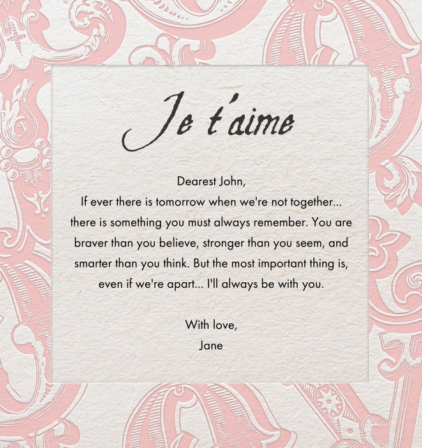 Valentine's Day themed card in pink online with Je T'aime and pink background