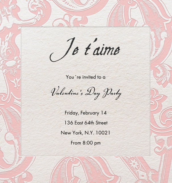 Valentine's Day themed Invitation in pink online with Je T'aime and pink background