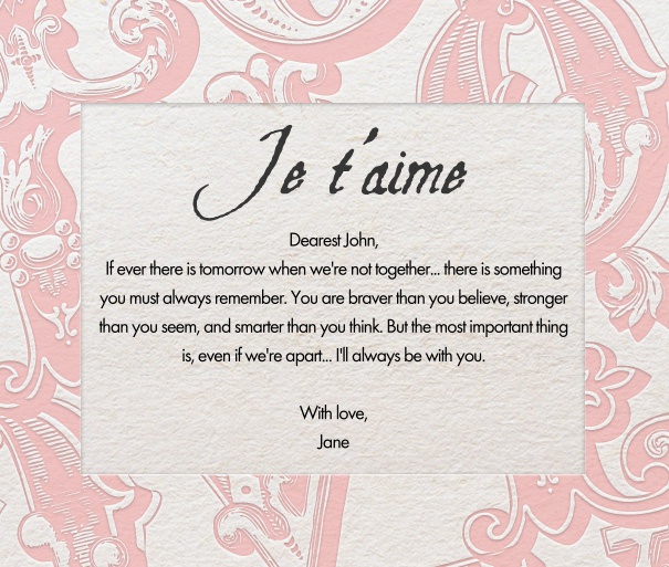 Valentine's Day themed card in pink online with Je T'aime and pink background