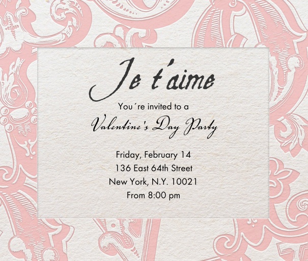 Valentine's Day themed Invitation in pink online with Je T'aime and pink background