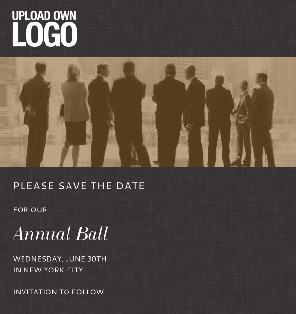 Rectangular online Save the Date template for corporate events and annual ball with dark background, space to upload own logo and with event details box on the bottom.