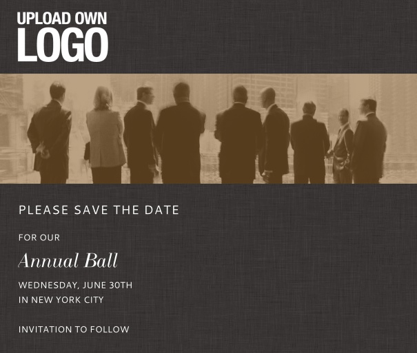 Squared online Save the Date template for corporate events and annual ball with dark background, space to upload own logo and with event details box on the bottom.