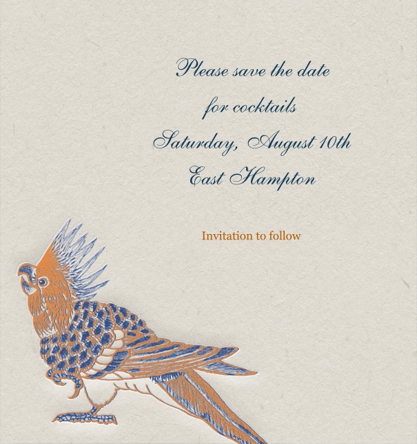 Save the Date card with grey background and blue-orange bird on the side.