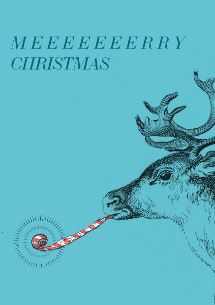 Christmas card with reindeer blowing party whistle.