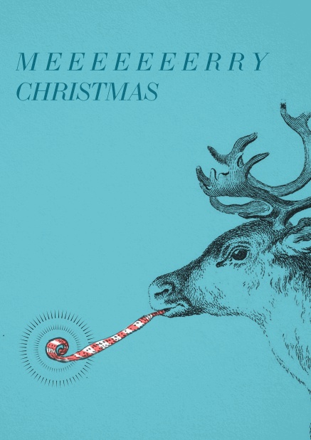 Christmas card with reindeer blowing party whistle.