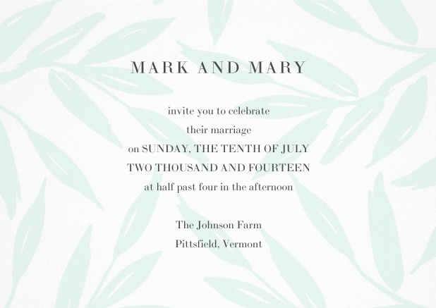 Wedding invitation card with light green flowers.