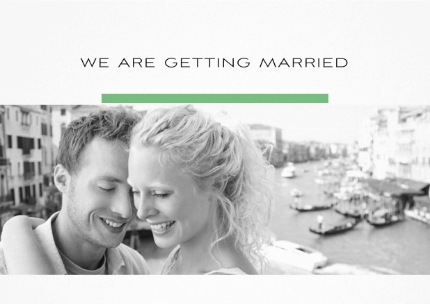 Hochzeitseinladungskarte mit allen Seiten gestaltet, inkl. Foto und Textoptionen mit gelder Linie. Grün.