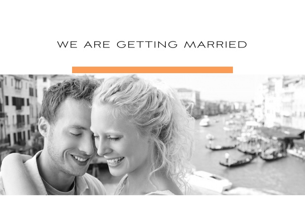 Online Hochzeitseinladungskarte mit allen Seiten gestaltet, inkl. Foto und Textoptionen mit gelder Linie. Orange.