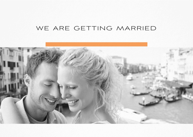 Hochzeitseinladungskarte mit allen Seiten gestaltet, inkl. Foto und Textoptionen mit gelder Linie. Orange.