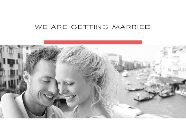 Online Hochzeitseinladungskarte mit allen Seiten gestaltet, inkl. Foto und Textoptionen mit gelder Linie. Rot.