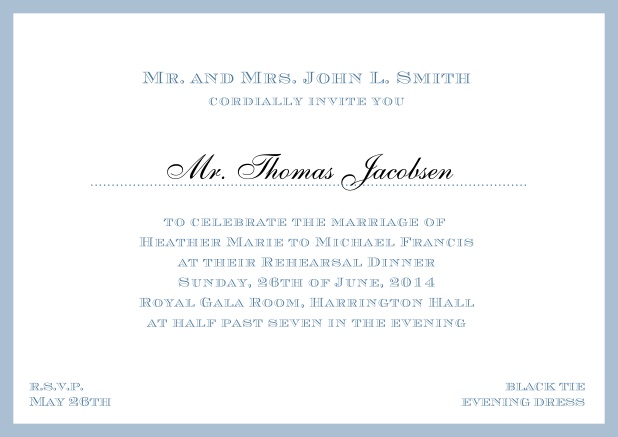 Online classic invitation card with frame and line for the recipient's name. Blue.