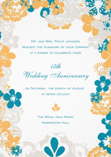 Einladungskarte für Hochzeiten, Geburtstage mit buntem Blumenrahmen.