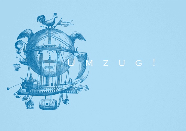 Blaue Umzugskarte mit surrealem Motiv und der Aufschrift "Umzug".