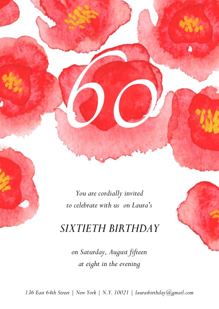 Online Invitation with big, red flowers on top for 60th birthday.