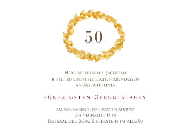 Online Einladung mit goldenem Kranz oben zum 50. Geburtstag.