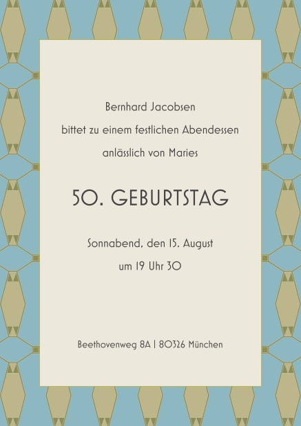 Online Einladung zum 50. Geburtstag mit Musterrand und mittigem Text.
